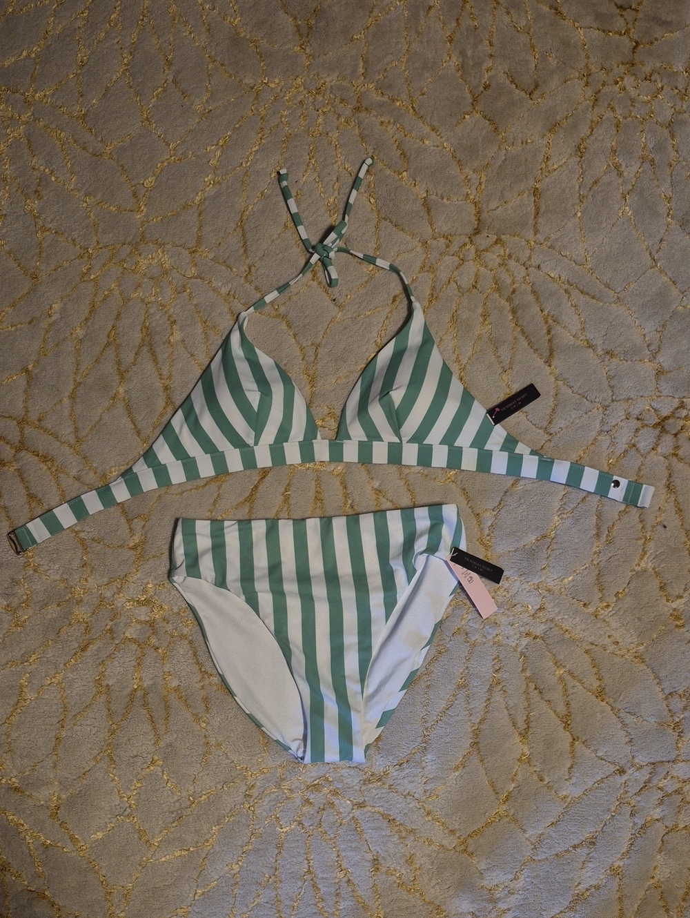 Green and White Striped Bikini Set